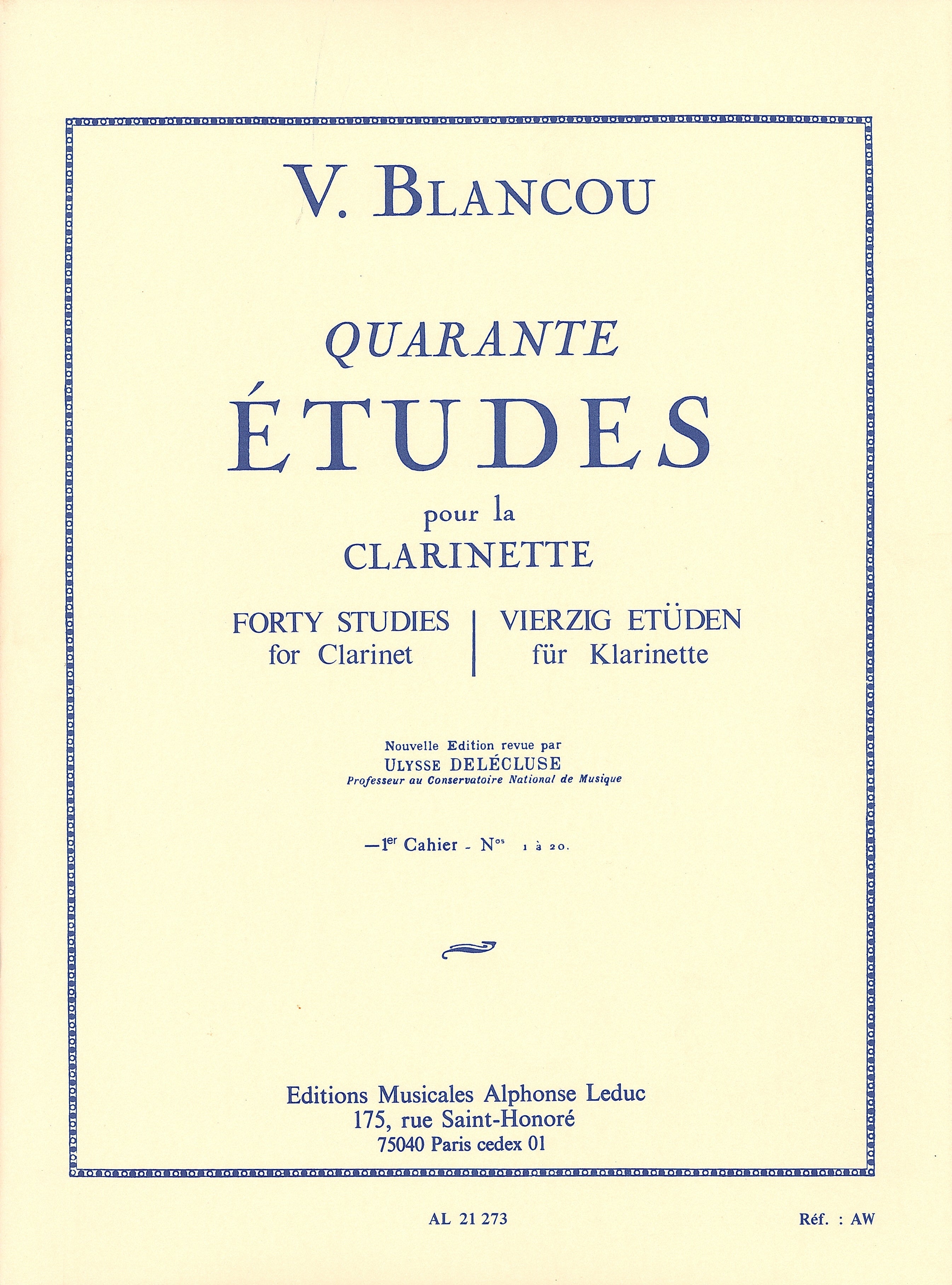 V. Blancou QUARANTE ÉTUDES クラリネット ブランクー：40の練習曲 第1巻（クラリネット）／Quarante