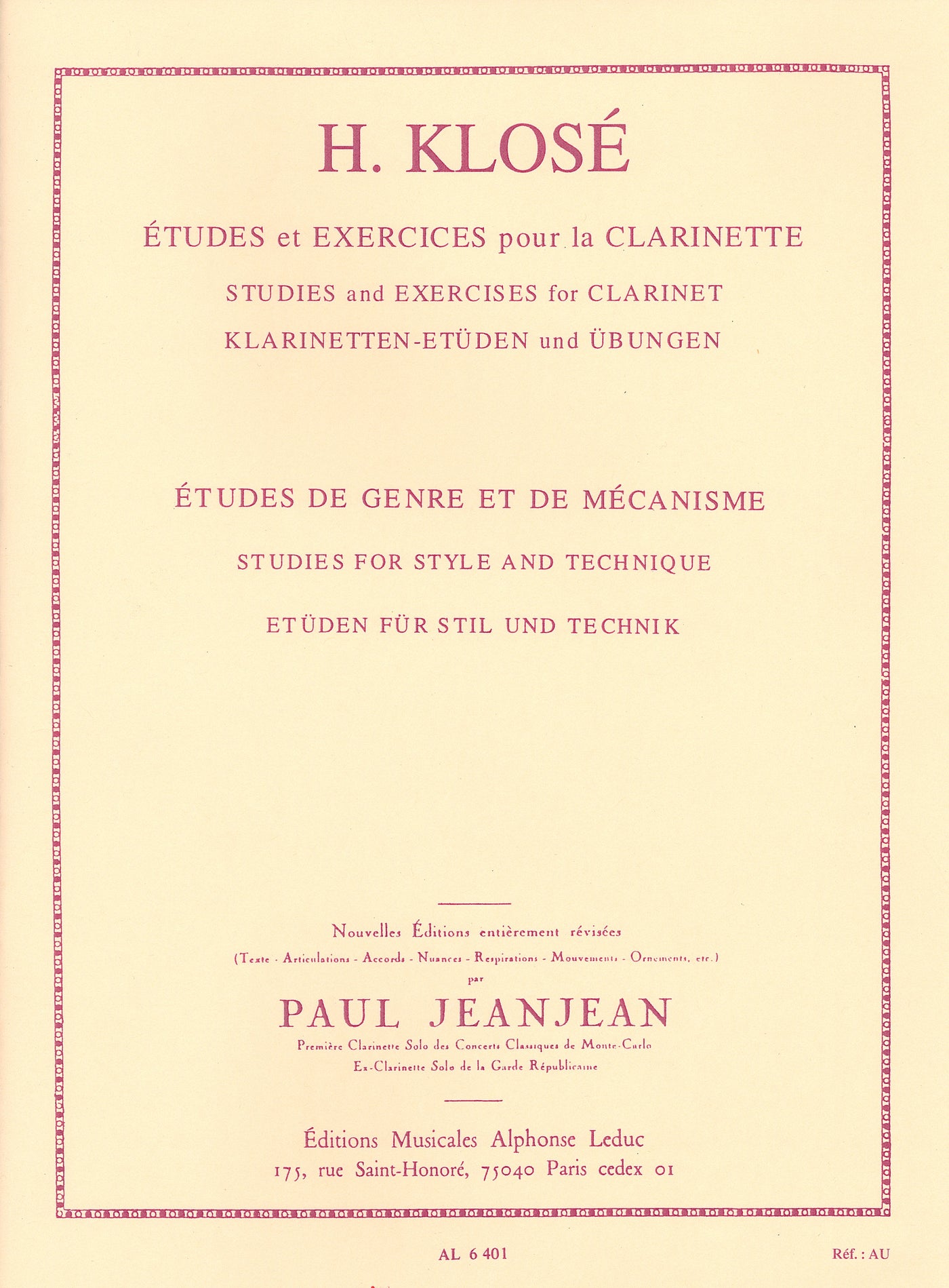 様式とメカニズムの練習曲（クラリネット）／Etudes de Genre et de Mecanisme