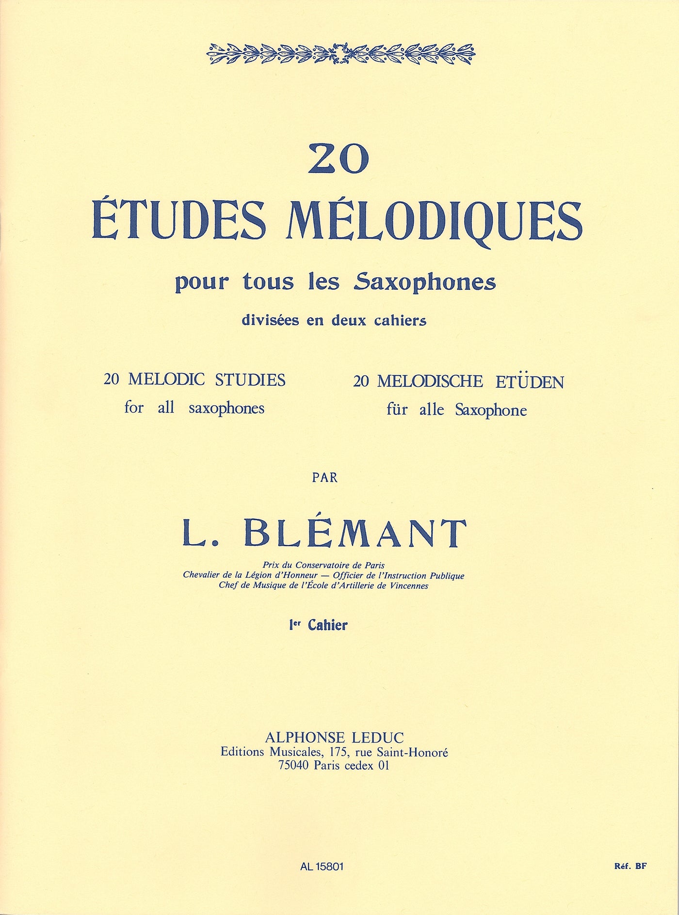 20の旋律的練習曲 第1巻（サックス）／20 Etudes Melodiques Vol. 1