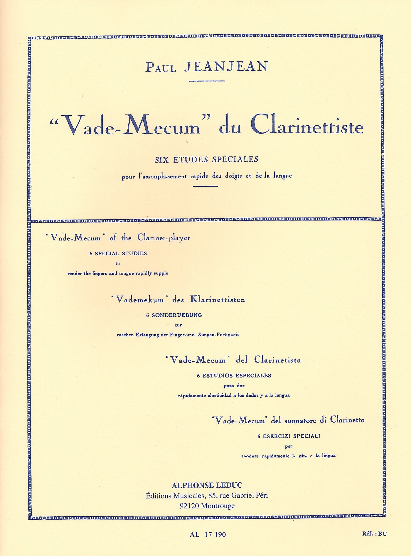 クラリネット奏者の「座右の銘」（6つの特別練習）（クラリネット）／Vade Mecum de Clarinettiste