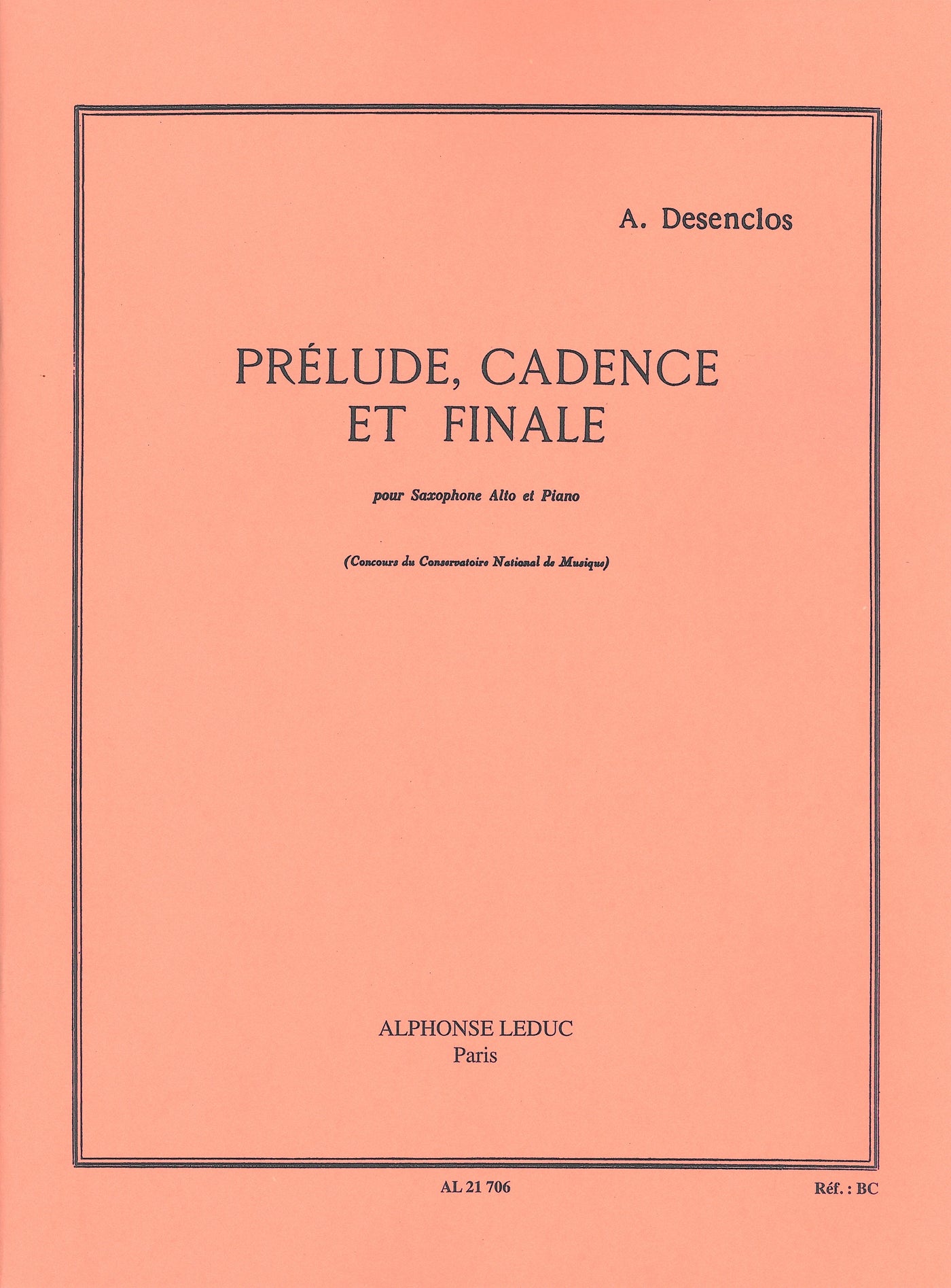 前奏曲、カデンツァと終曲（アルトサックスソロ）／Prelude, Cadence et Finale (A.Sax & Piano)