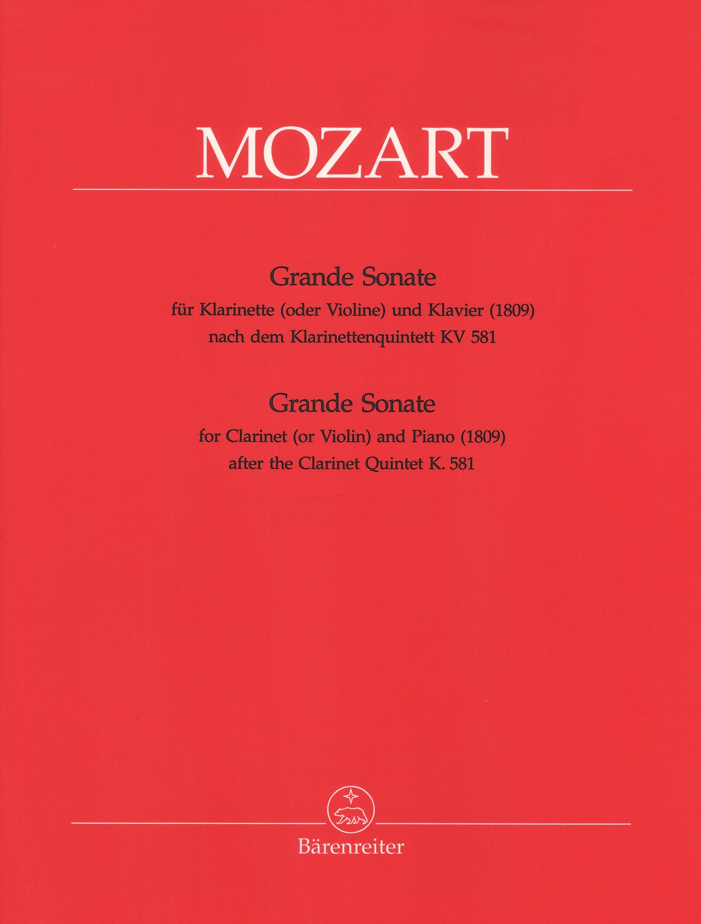 グランド・ソナタKV581（クラリネット5重奏曲KV581）（A管クラリネットソロ）／Grande Sonate KV 581 (Barenreiter)